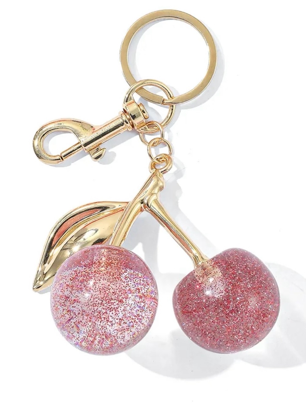Cherry Pink Glitter Gold Tone Keychain/Bag Charm - NWT